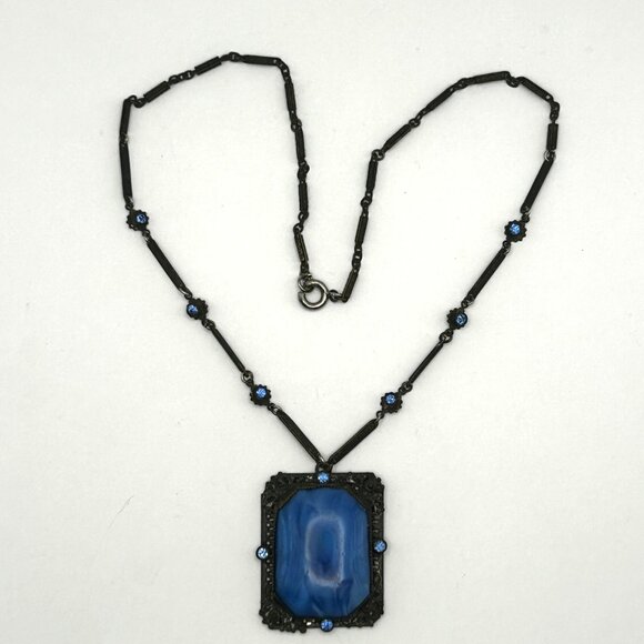 Vintage 1920s Czech Art Deco Blue Glass Necklace Filigree Bar Link Chain 18” - Picture 5 of 16
